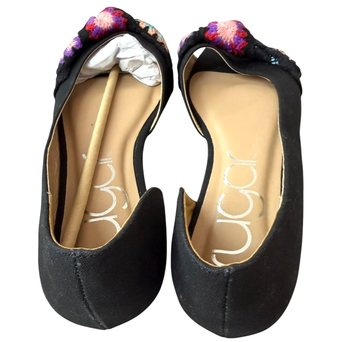 Sugar Women's Black Flats With Multicolor Crochet Bow Detail Size 9M