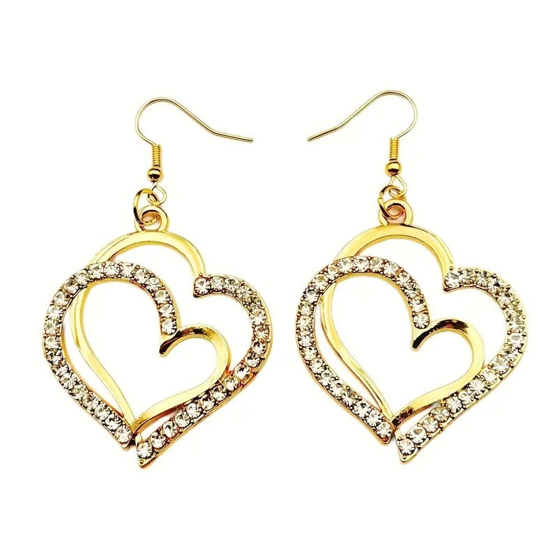 Double Heart Gold Tone Costume Dangle Earrings With Rhinestones