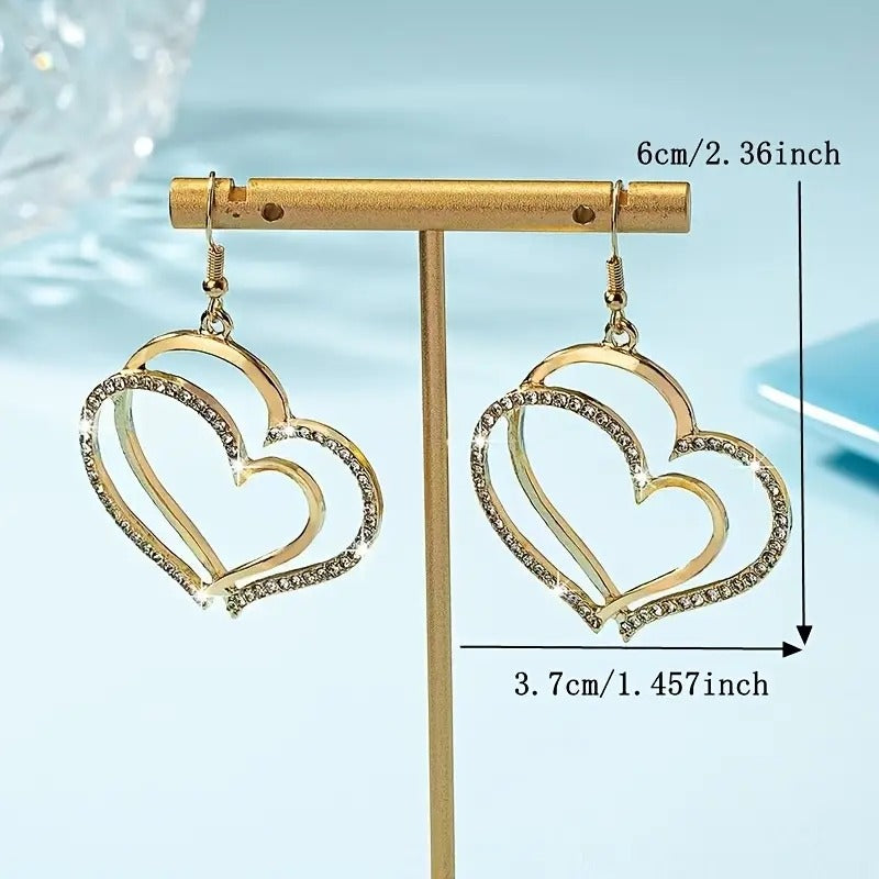Double Heart Gold Tone Costume Dangle Earrings With Rhinestones
