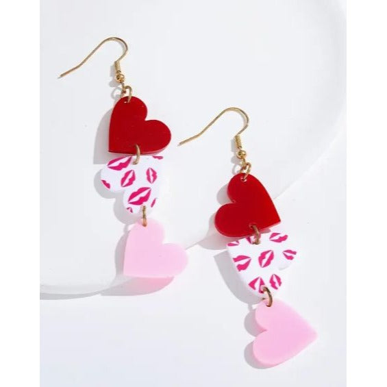 Heart Dangle Earrings Red Pink & Kiss Print Lightweight Acrylic 3.15" Drop Valentines Day Jewelry