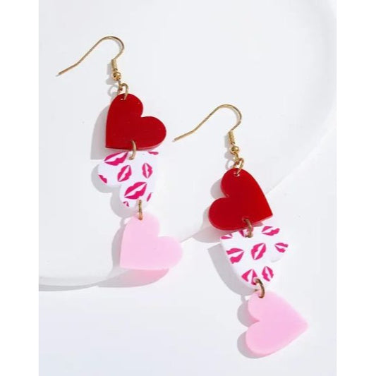 Heart Dangle Earrings Red Pink & Kiss Print Lightweight Acrylic 3.15" Drop Valentines Day Jewelry