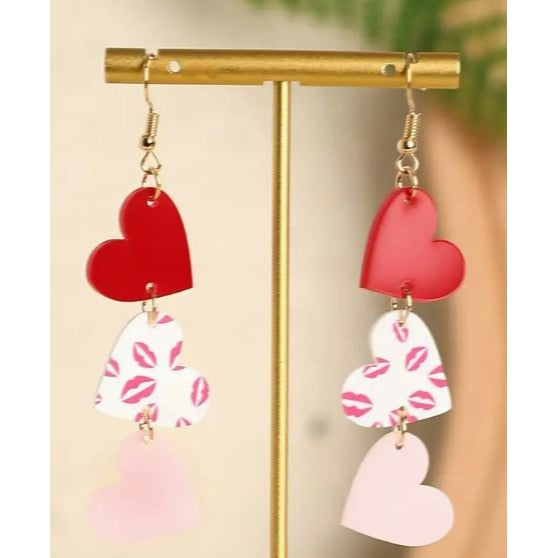 Heart Dangle Earrings Red Pink & Kiss Print Lightweight Acrylic 3.15" Drop Valentines Day Jewelry