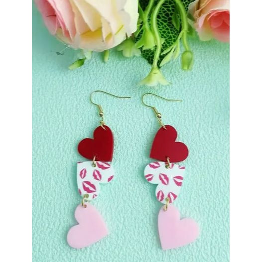 Heart Dangle Earrings Red Pink & Kiss Print Lightweight Acrylic 3.15" Drop Valentines Day Jewelry