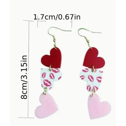 Heart Dangle Earrings Red Pink & Kiss Print Lightweight Acrylic 3.15" Drop Valentines Day Jewelry
