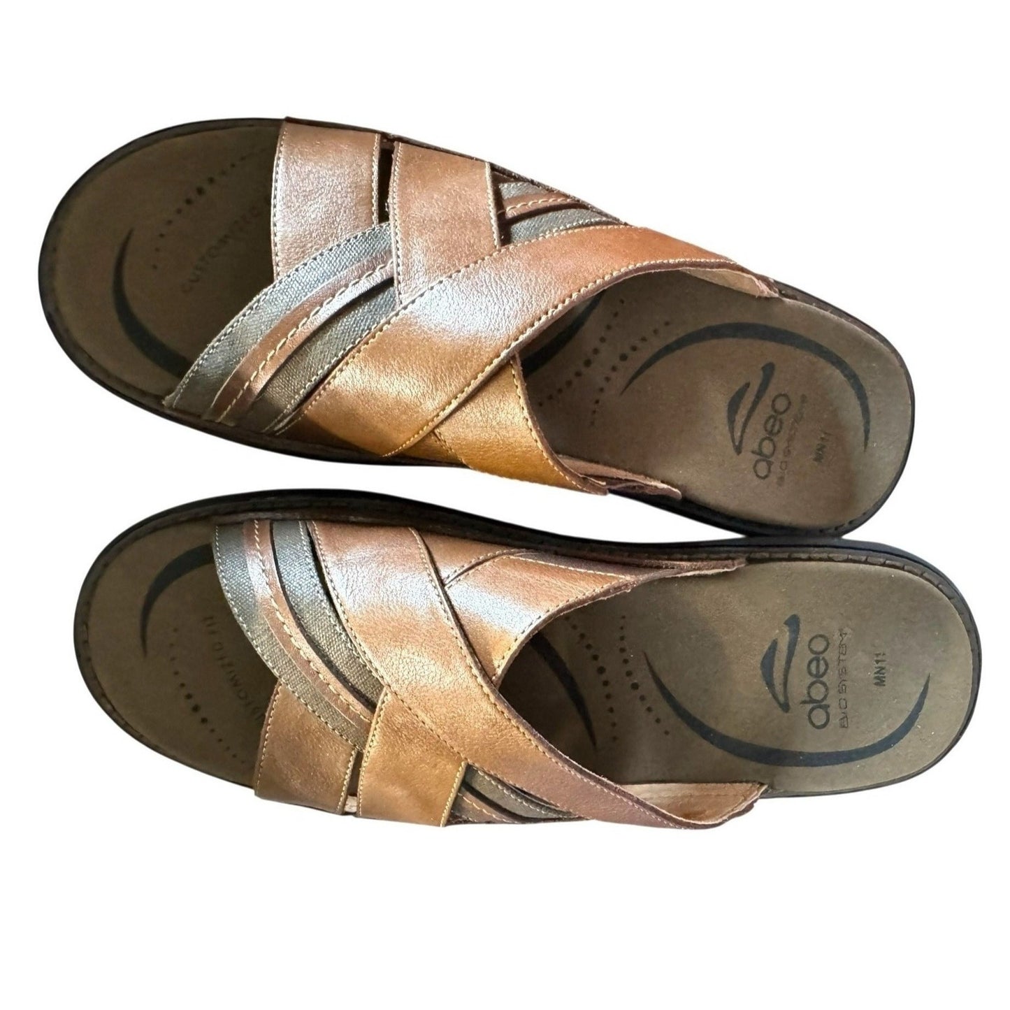Abeo Bio-System Men's Brown Leather Slip-On Sz 11 Sandals With Arch Support & Cushioned Footbed