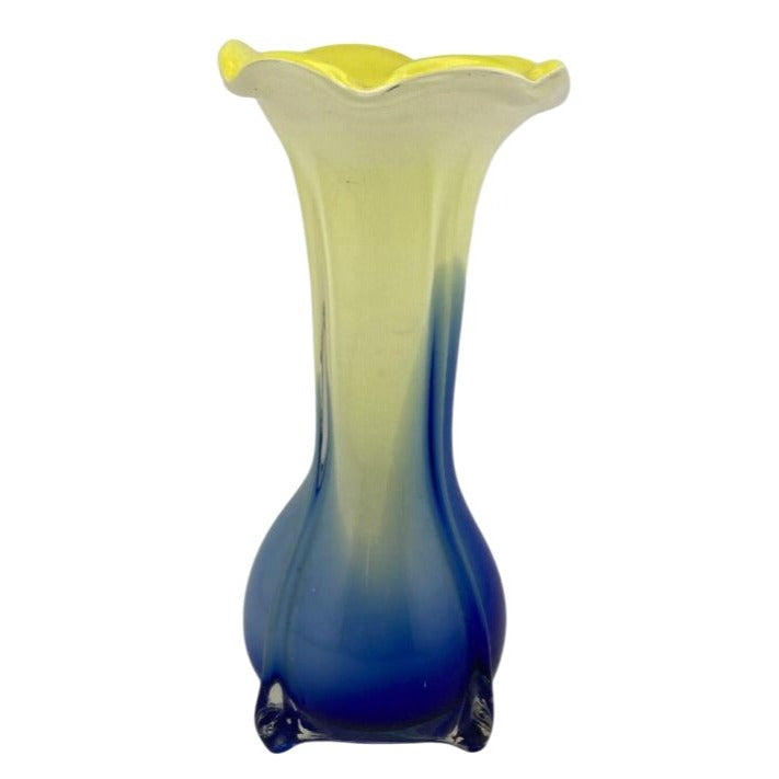 Murano-Style Yellow & Blue Gradient Art Glass Vase With Flared Ruffled Rim