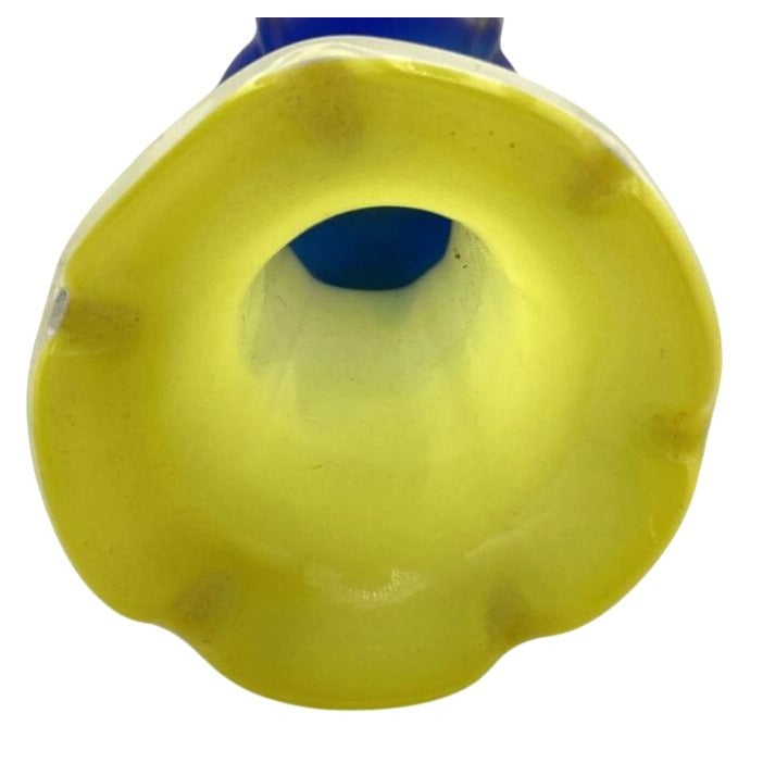 Murano-Style Yellow & Blue Gradient Art Glass Vase With Flared Ruffled Rim