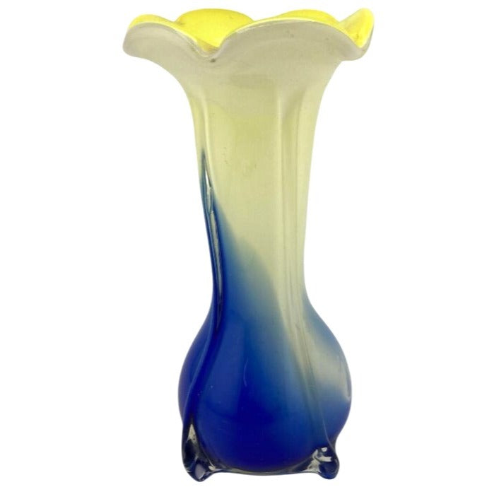Murano-Style Yellow & Blue Gradient Art Glass Vase With Flared Ruffled Rim