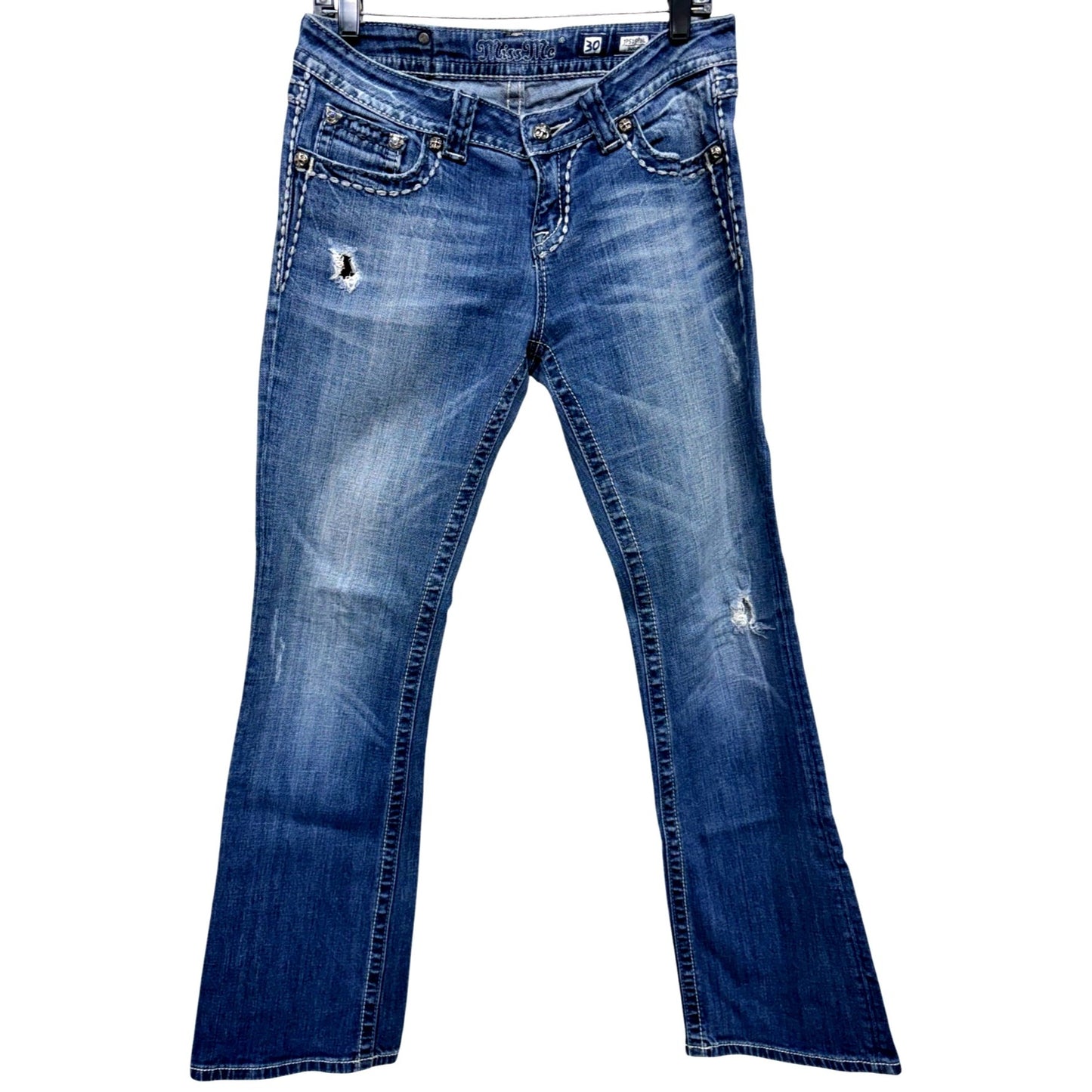 Miss Me Womens Size 30 Distressed Bootcut Blue Jeans With Embellished Back Pockets