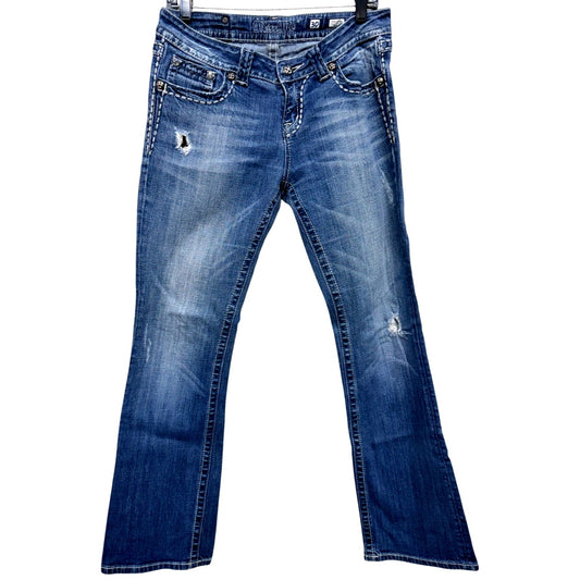 Miss Me Womens Size 30 Distressed Bootcut Blue Jeans With Embellished Back Pockets