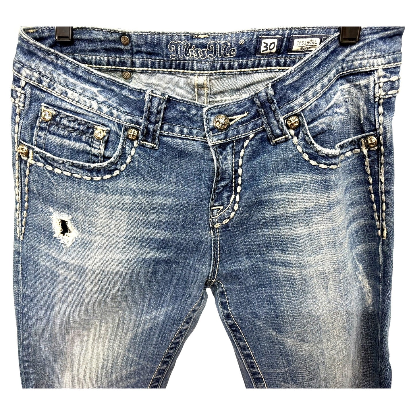 Miss Me Womens Size 30 Distressed Bootcut Blue Jeans With Embellished Back Pockets