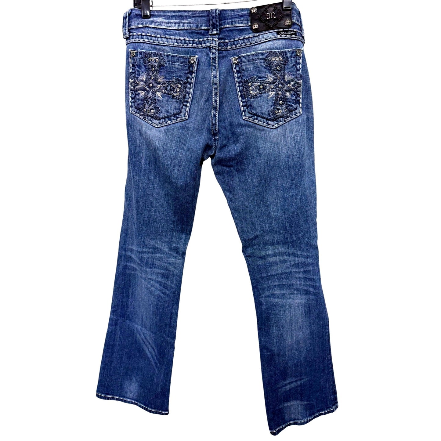 Miss Me Womens Size 30 Distressed Bootcut Blue Jeans With Embellished Back Pockets