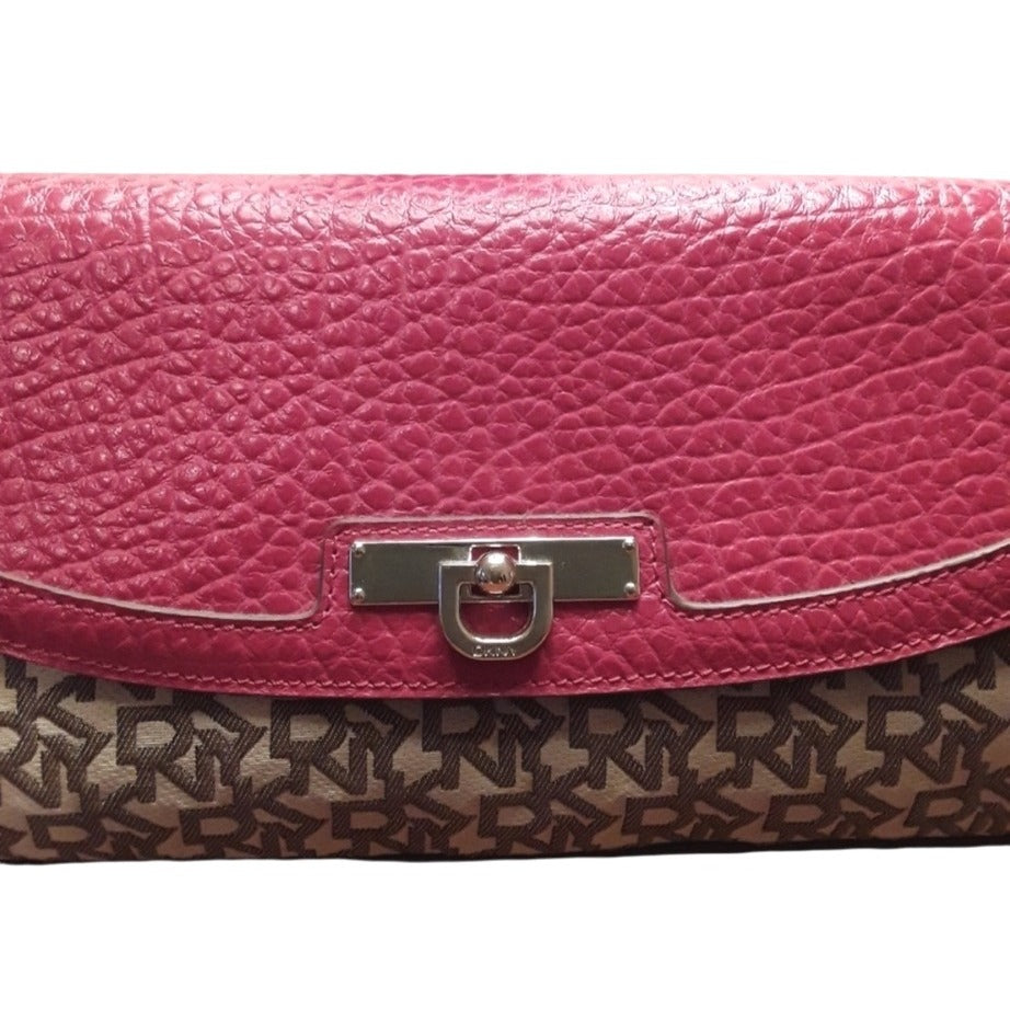 DKNY Pink Leather & Monogram Canvas Clutch Purse