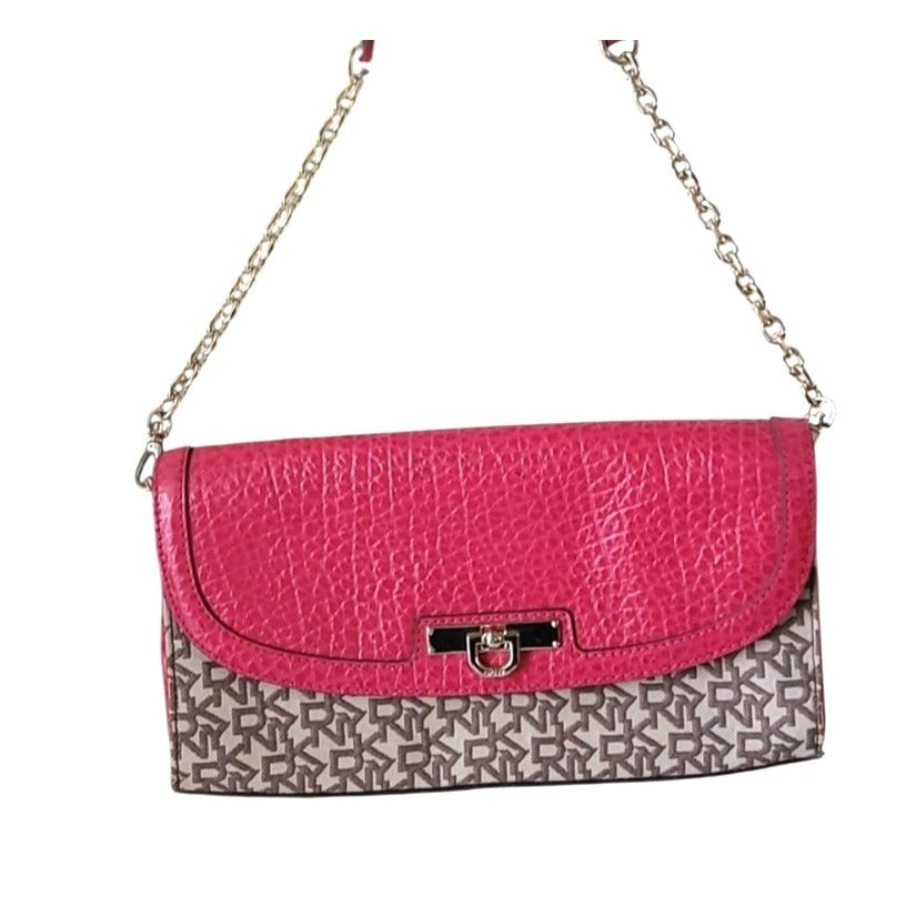 DKNY Pink Leather & Monogram Canvas Clutch Purse
