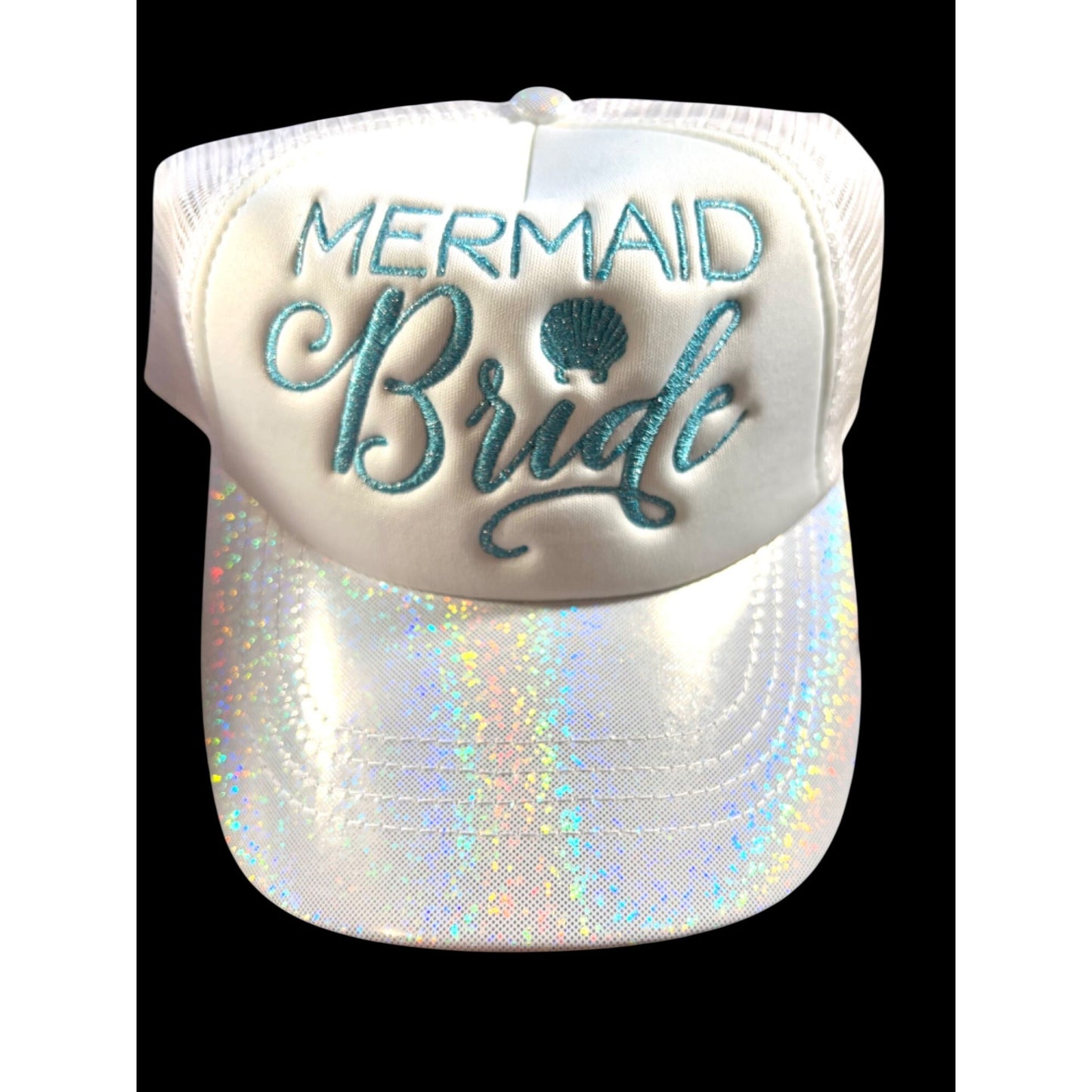 Mermaid Bride White Mesh Trucker Hats With Glittery Holographic Brim