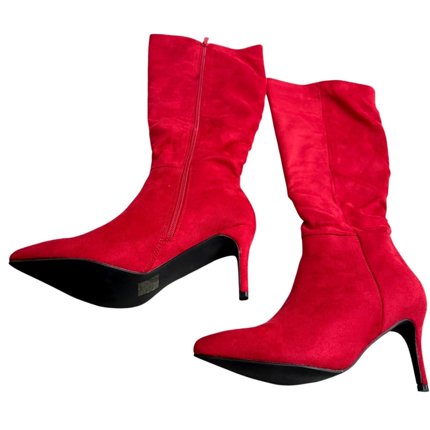 Allegra K Red Faux Suede Stiletto Heel Mid-Calf Boots For Women SZ 8
