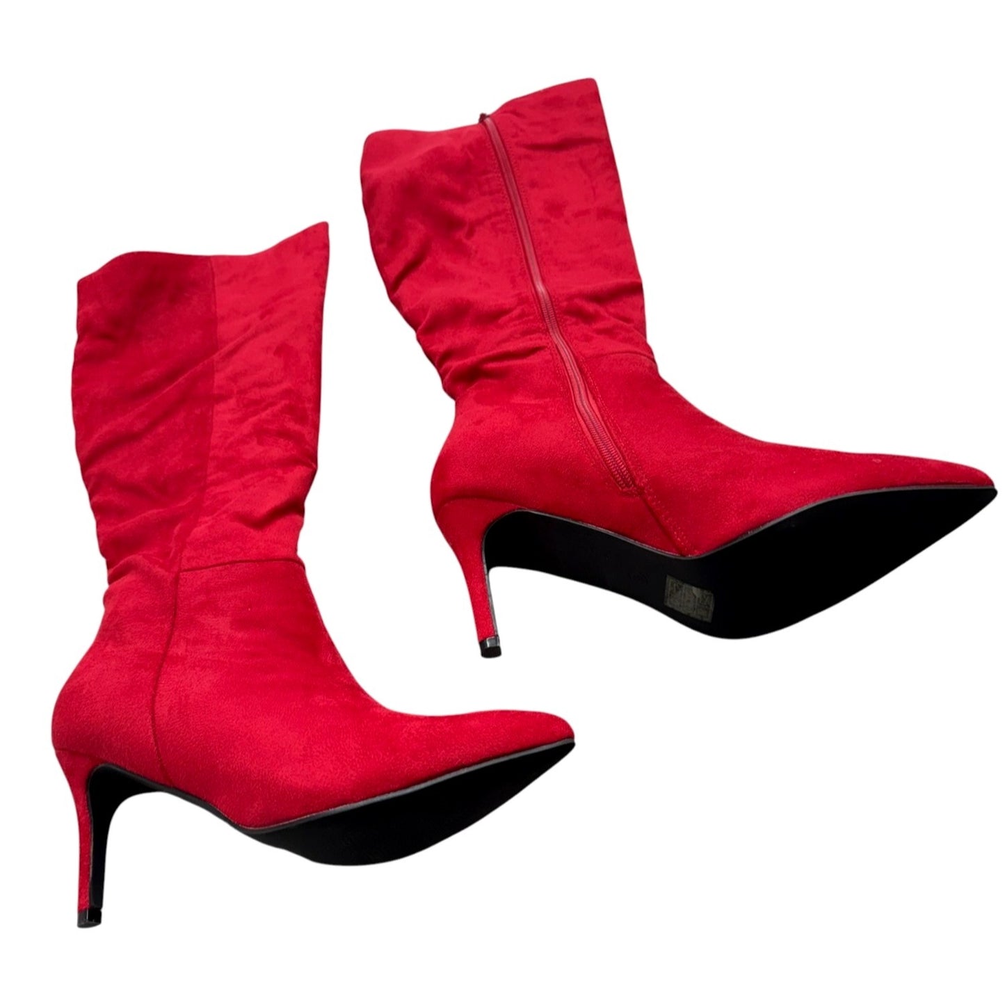 Allegra K Red Faux Suede Stiletto Heel Mid-Calf Boots For Women SZ 8