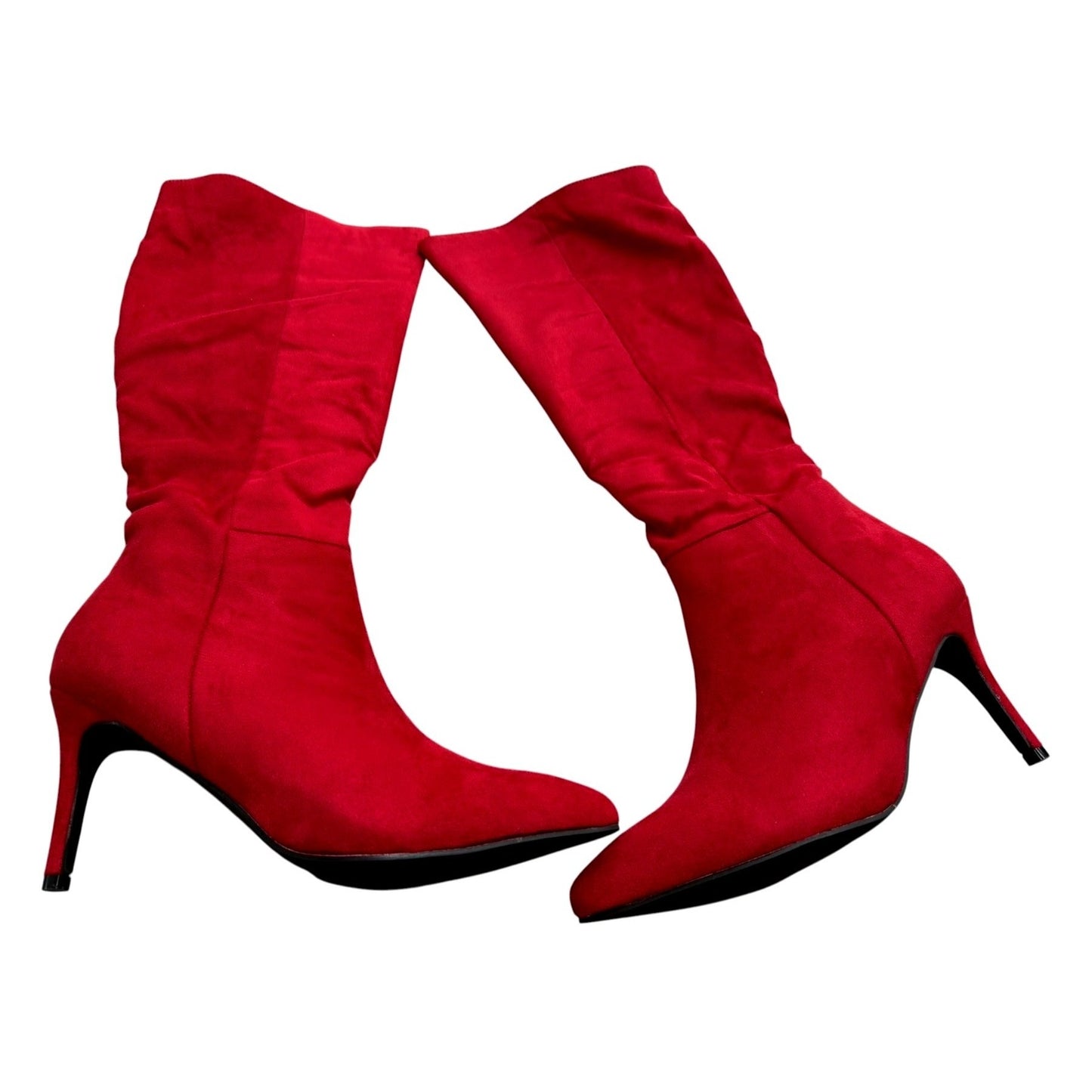 Allegra K Red Faux Suede Stiletto Heel Mid-Calf Boots For Women SZ 8