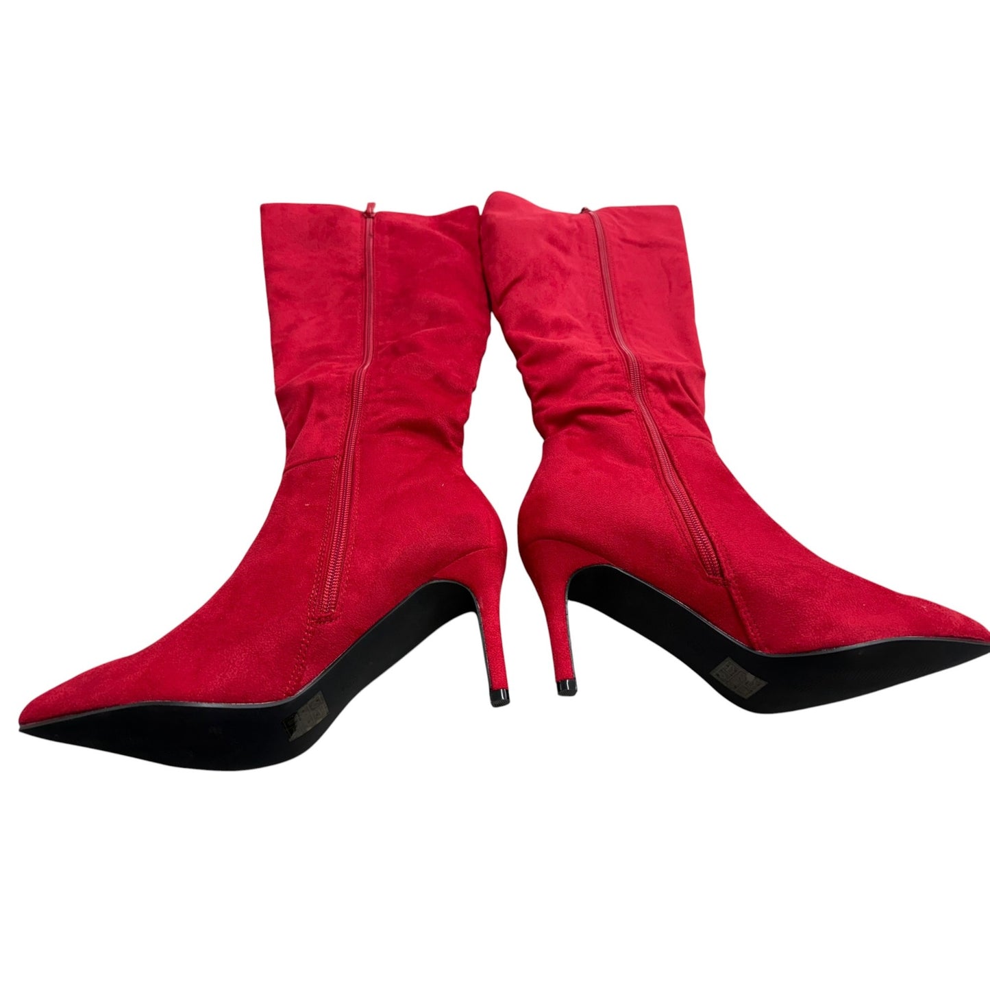 Allegra K Red Faux Suede Stiletto Heel Mid-Calf Boots For Women SZ 8