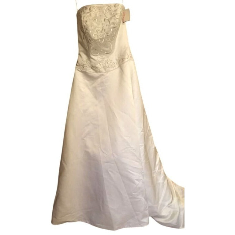 David's Bridal Gold T8589 Sz 10 Strapless Satin A-Line Wedding Dress NWT