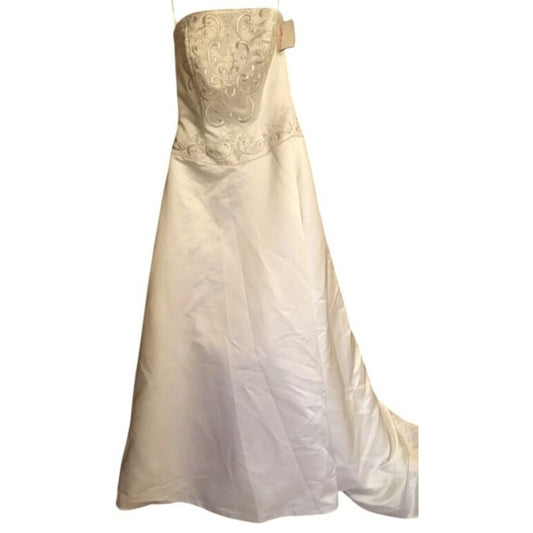 David's Bridal Gold T8589 Sz 10 Strapless Satin A-Line Wedding Dress NWT