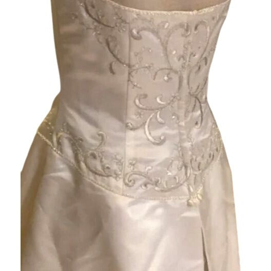 David's Bridal Gold T8589 Sz 10 Strapless Satin A-Line Wedding Dress NWT