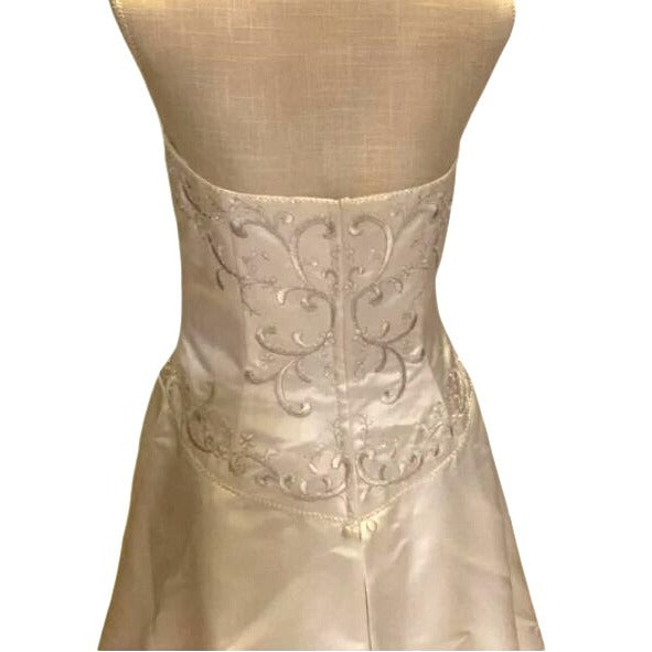 David's Bridal Gold T8589 Sz 10 Strapless Satin A-Line Wedding Dress NWT
