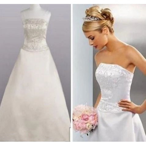 David's Bridal Gold T8589 Sz 10 Strapless Satin A-Line Wedding Dress NWT