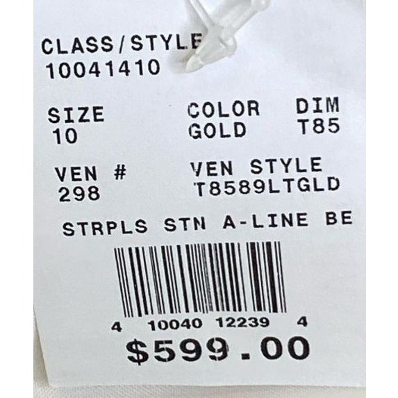 David's Bridal Gold T8589 Sz 10 Strapless Satin A-Line Wedding Dress NWT