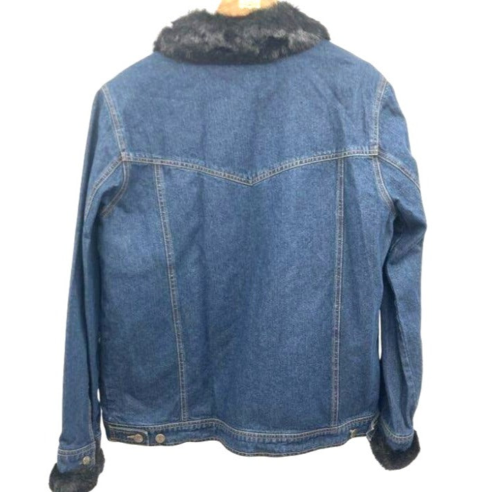 Dennis Basso Faux Fur-Lined Blue Denim Jacket With Detachable Collar - Medium