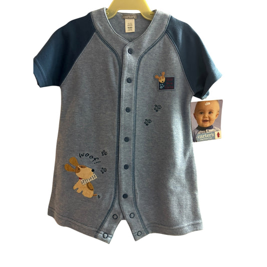Carters Baby Romper Dog Theme Gray & Navy Short Sleeve Size 6-9 Months New With Tags