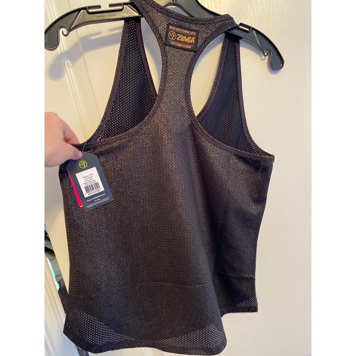 NWT Zumba XS Racerback Top with Gold Lettering