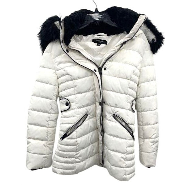 Kenneth Cole Womens White Quilted Puffer Jacket With Faux Fur Hood XS