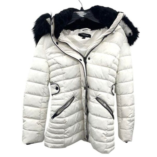 Kenneth Cole Womens White Quilted Puffer Jacket With Faux Fur Hood XS