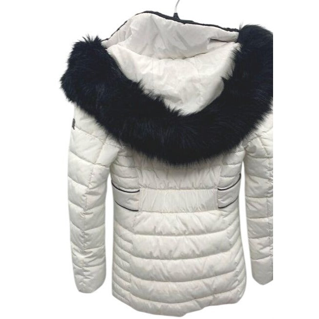 Kenneth Cole Womens White Quilted Puffer Jacket With Faux Fur Hood XS
