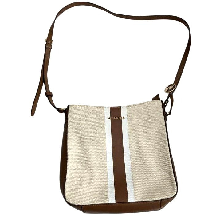 Michael Kors Beige & Brown Canvas Crossbody Bag With Logo Stripe Design