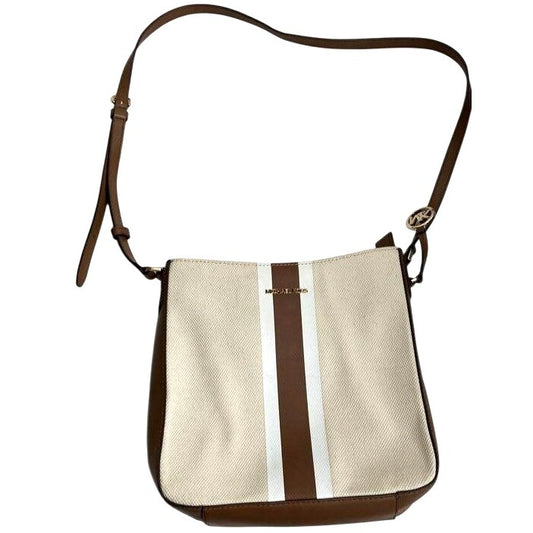 Michael Kors Beige & Brown Canvas Crossbody Bag With Logo Stripe Design