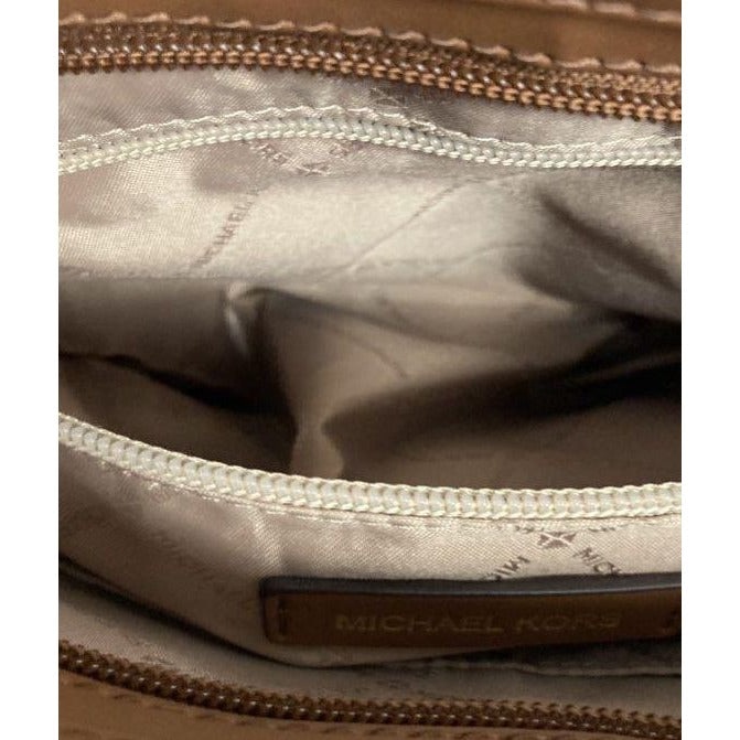 Michael Kors Beige & Brown Canvas Crossbody Bag With Logo Stripe Design