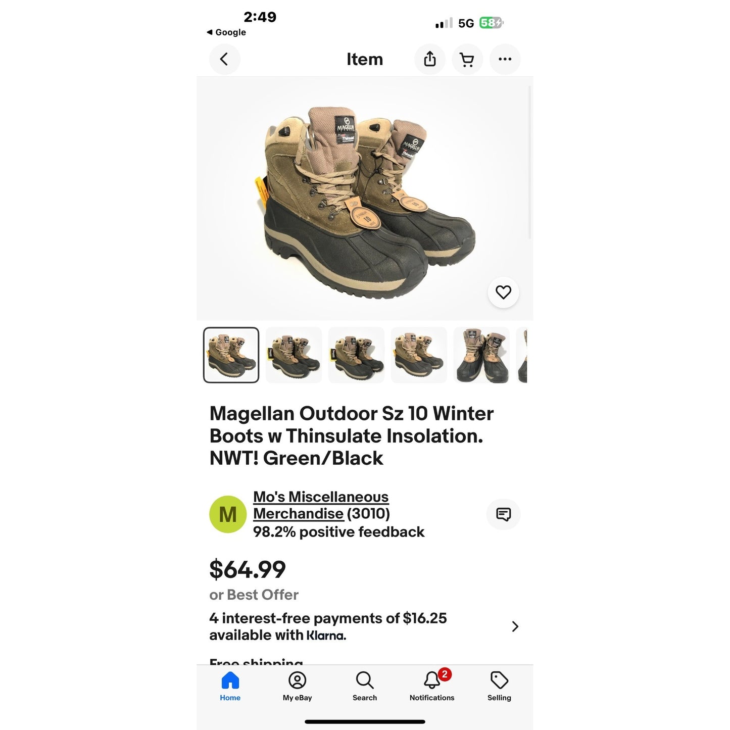 Magellan Outdoors Size 10 Winter Boots W/ 3M Thinsulate & Waterproof Shell