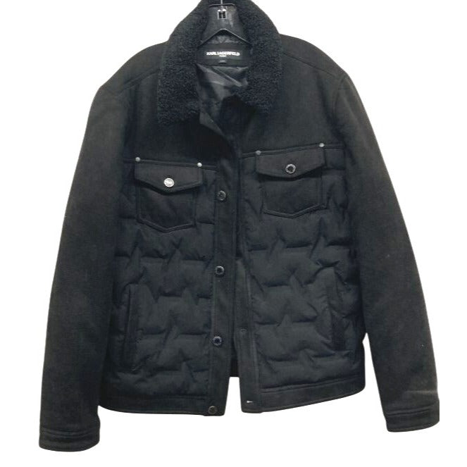 Karl Lagerfeld Paris Men's Black Quilted Jacket With Sherpa Collar L/G