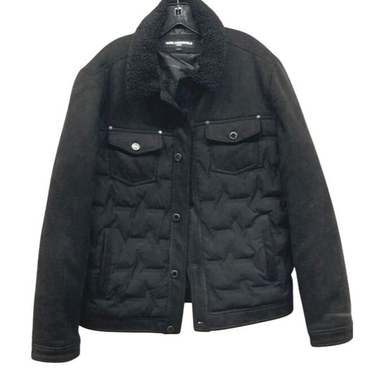 Karl Lagerfeld Paris Men's Black Quilted Jacket With Sherpa Collar L/G