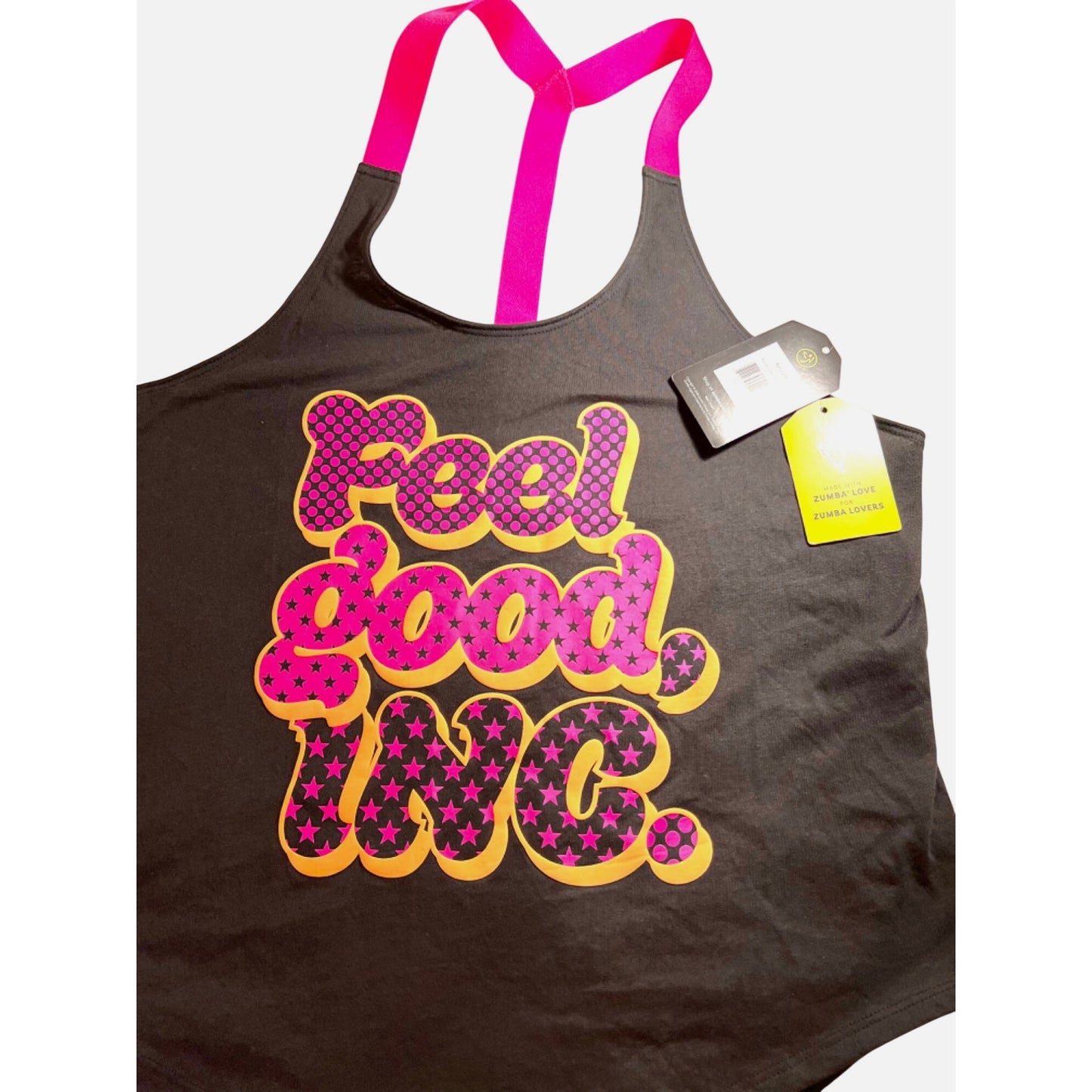 Zumba Feel Good Inc Racerback Tank Top Black Neon Pink Small New