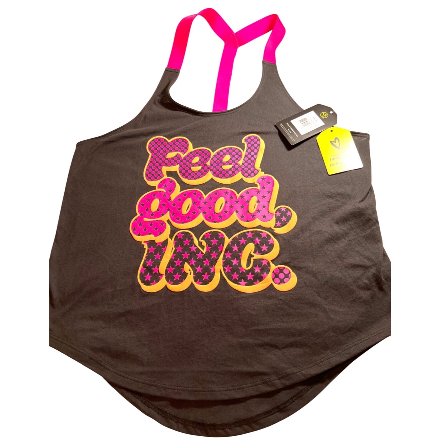 Zumba Feel Good Inc Racerback Tank Top Black Neon Pink Small New