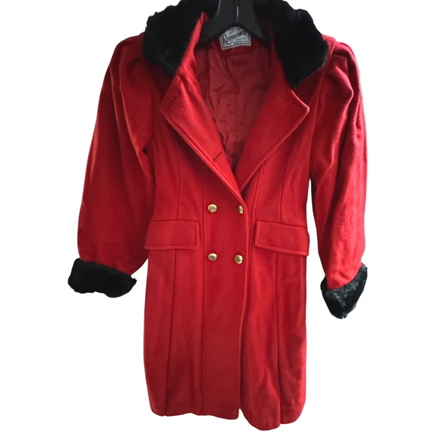 Rothschild Girl's Red Wool Blend Coat With Faux Fur Trim Size 10