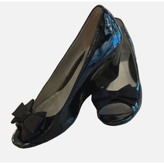 Nordstrom Children's Size 2 Black Patent Leather Peep Toe Wedge Shoes With Bow Accent