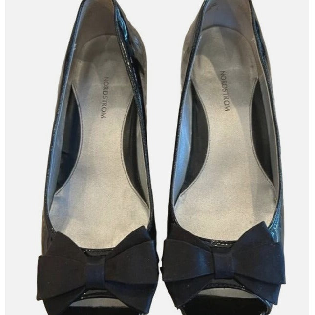 Nordstrom Children's Size 2 Black Patent Leather Peep Toe Wedge Shoes With Bow Accent