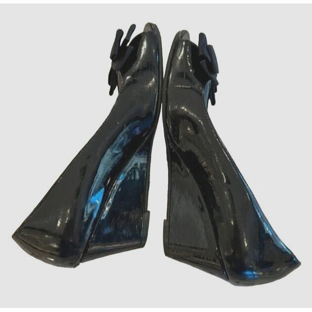 Nordstrom Children's Size 2 Black Patent Leather Peep Toe Wedge Shoes With Bow Accent