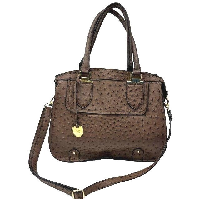London Fog Ostrich-Embossed Brown Satchel Bag With Adjustable Strap & Dual Handles