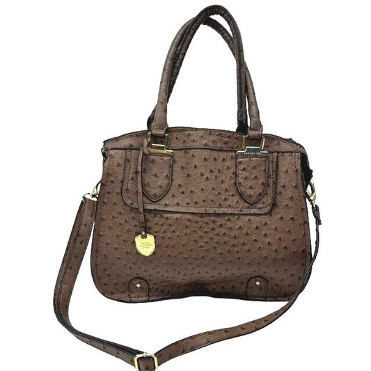 London Fog Ostrich-Embossed Brown Satchel Bag With Adjustable Strap & Dual Handles