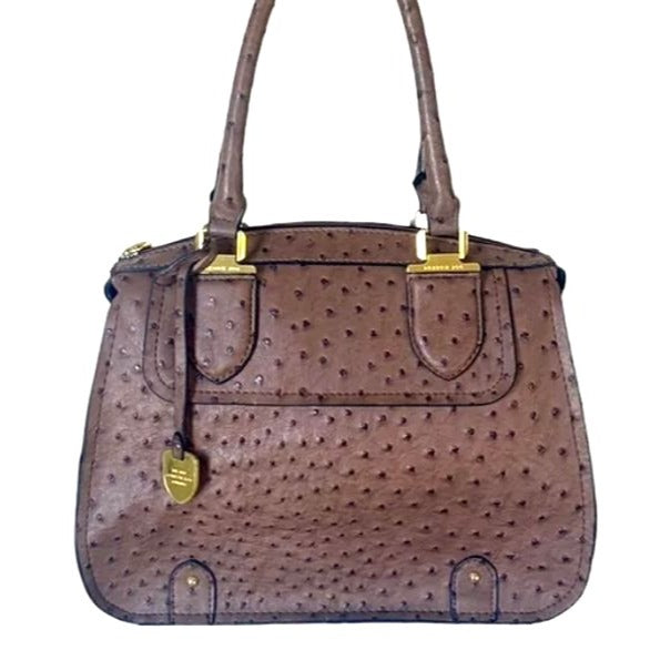 London Fog Ostrich-Embossed Brown Satchel Bag With Adjustable Strap & Dual Handles